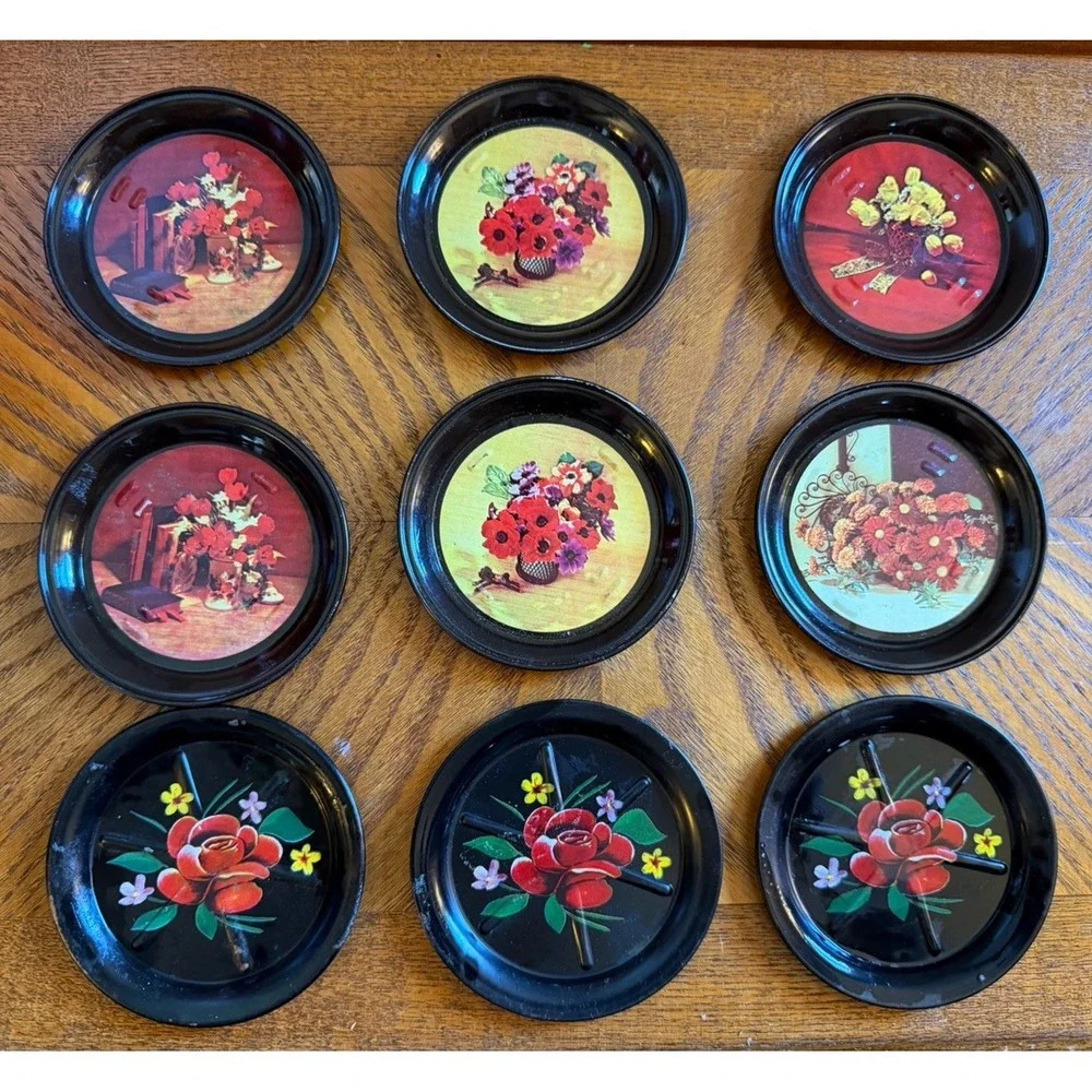 Vintage Metal Drink Coasters Silhouette Floral Designs Lot Of 9 Coasters